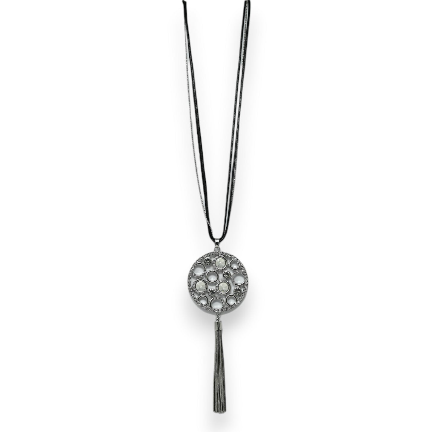 Collier fantaisie long argenté médaillon bulle de strass et pompon