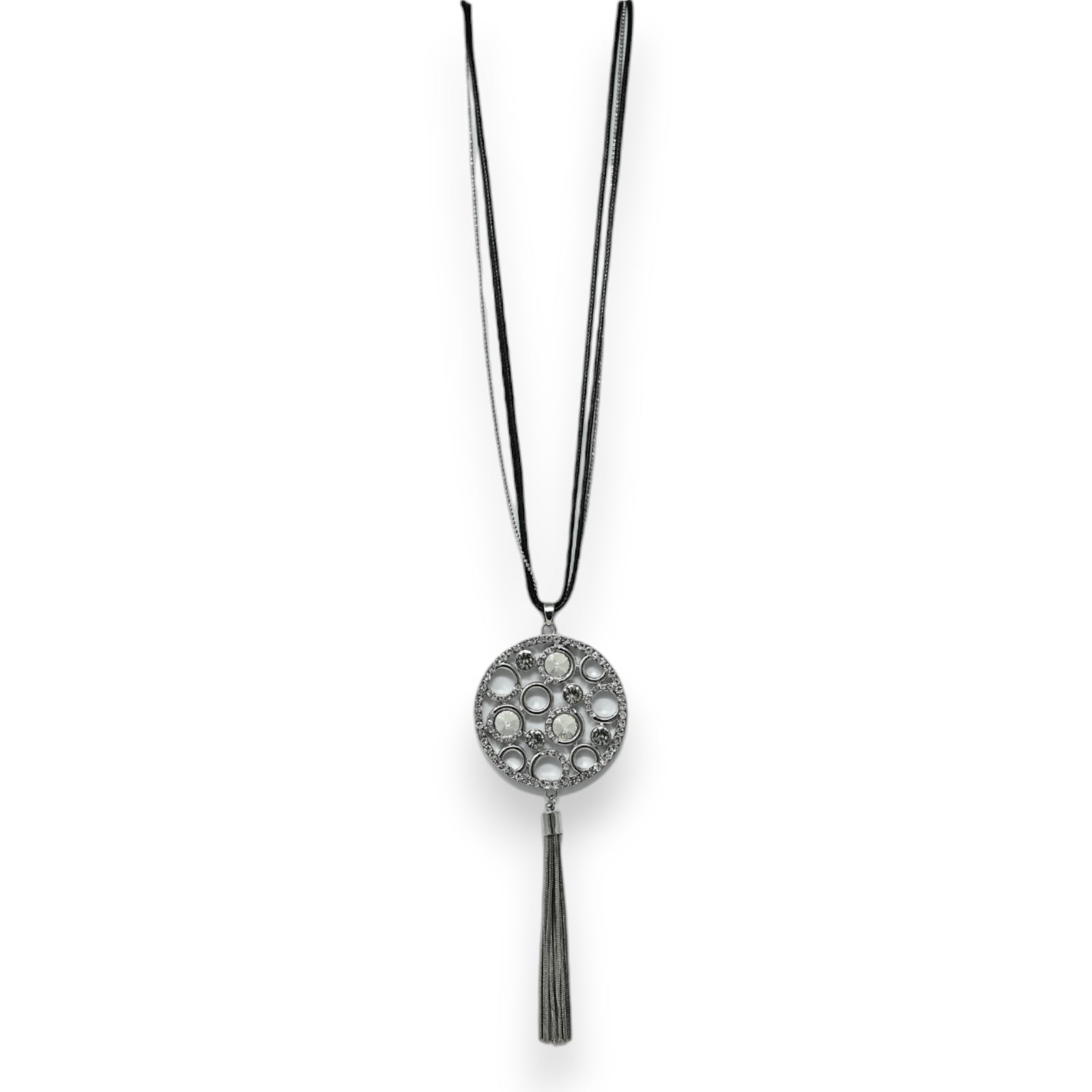 Collier fantaisie long argenté médaillon bulle de strass et pompon