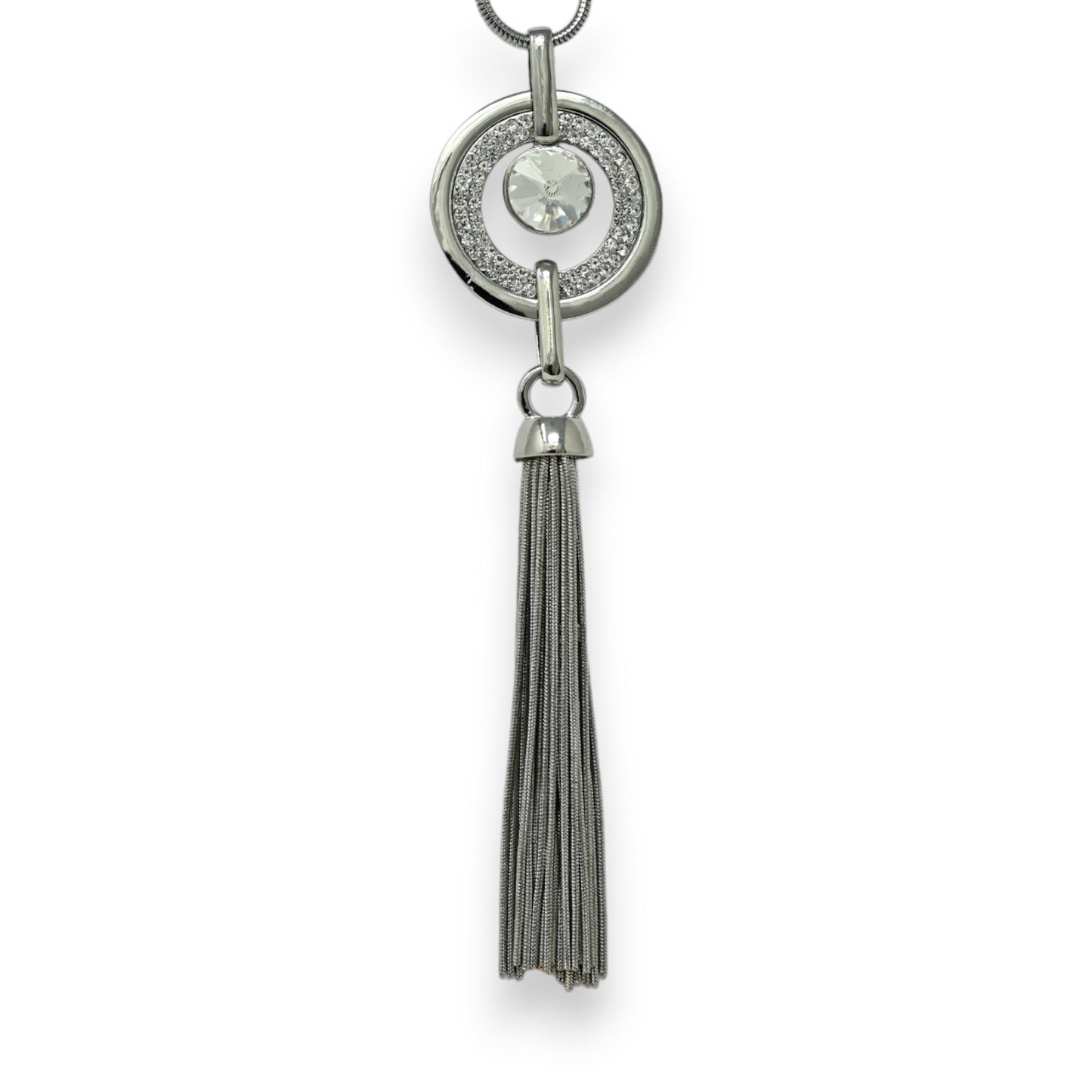 Collier fantaisie long argenté médaillon strass  et pompon frange