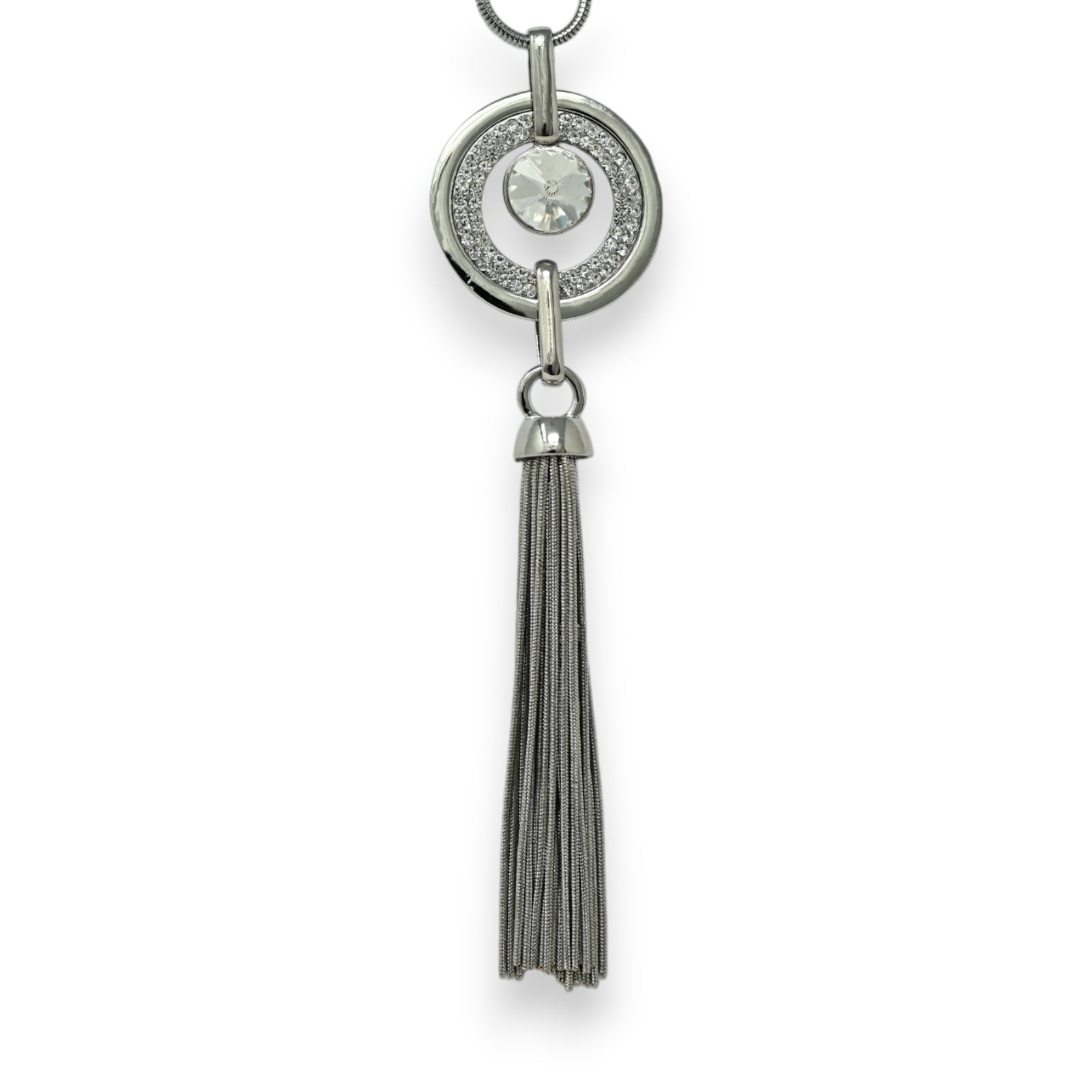 Collier fantaisie long argenté médaillon strass  et pompon frange