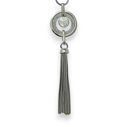 Collier fantaisie long argenté médaillon strass  et pompon frange