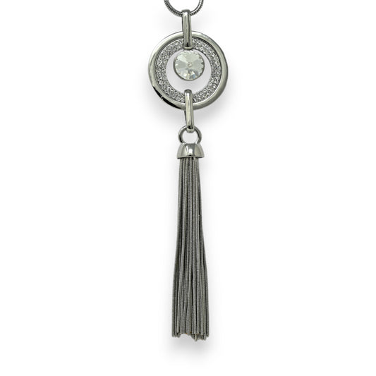 Collier fantaisie long argenté médaillon strass  et pompon frange