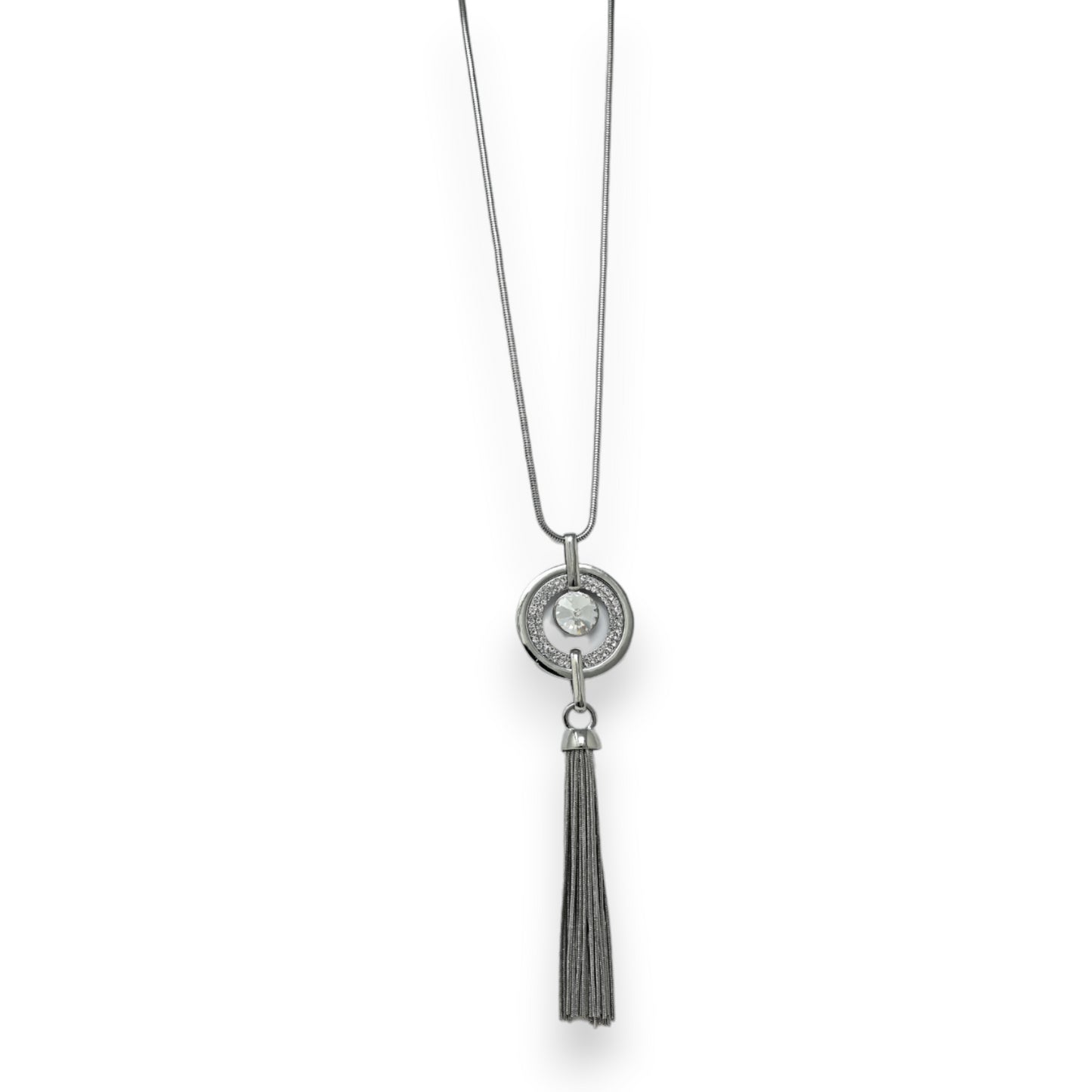 Collier fantaisie long argenté médaillon strass  et pompon frange