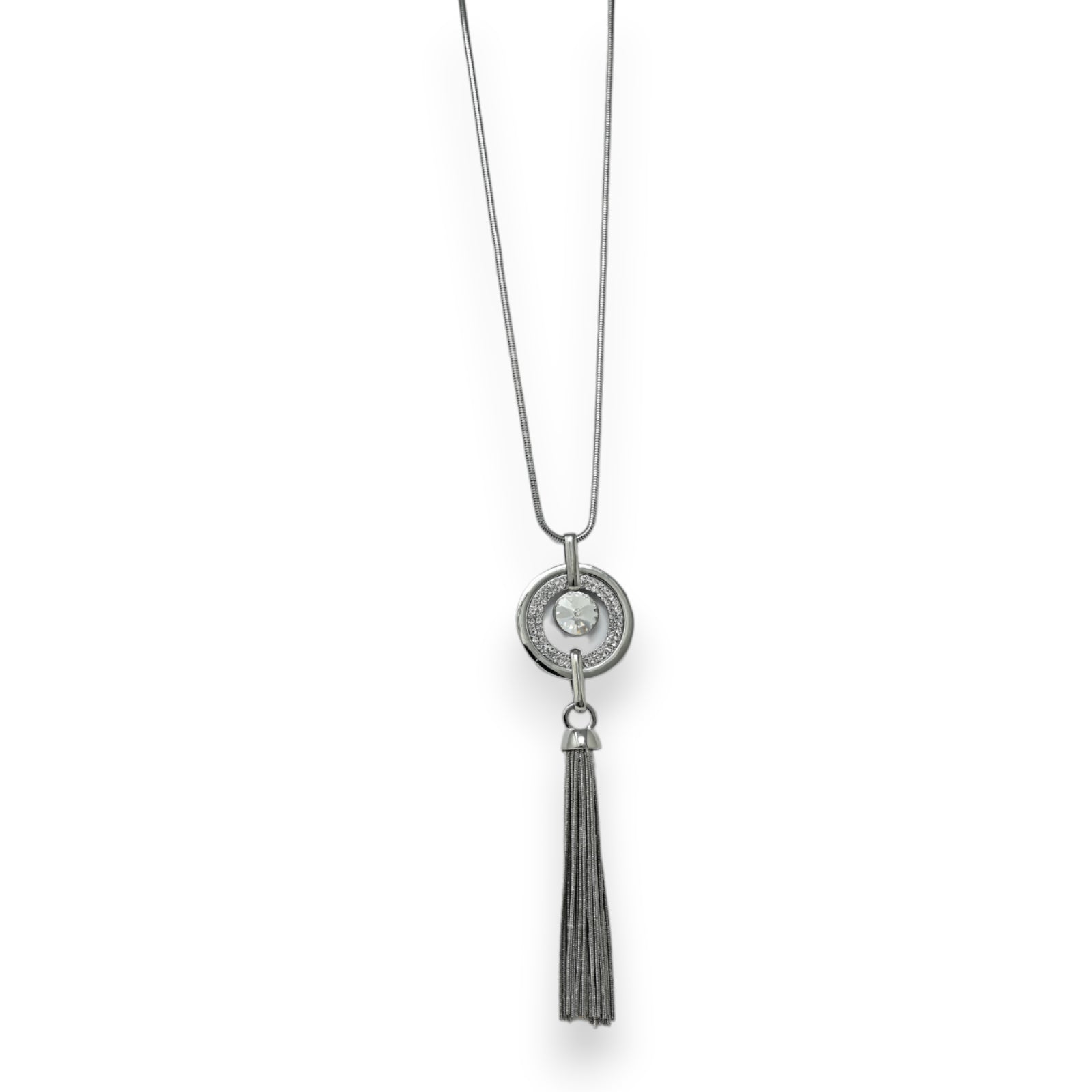 Collier fantaisie long argenté médaillon strass  et pompon frange
