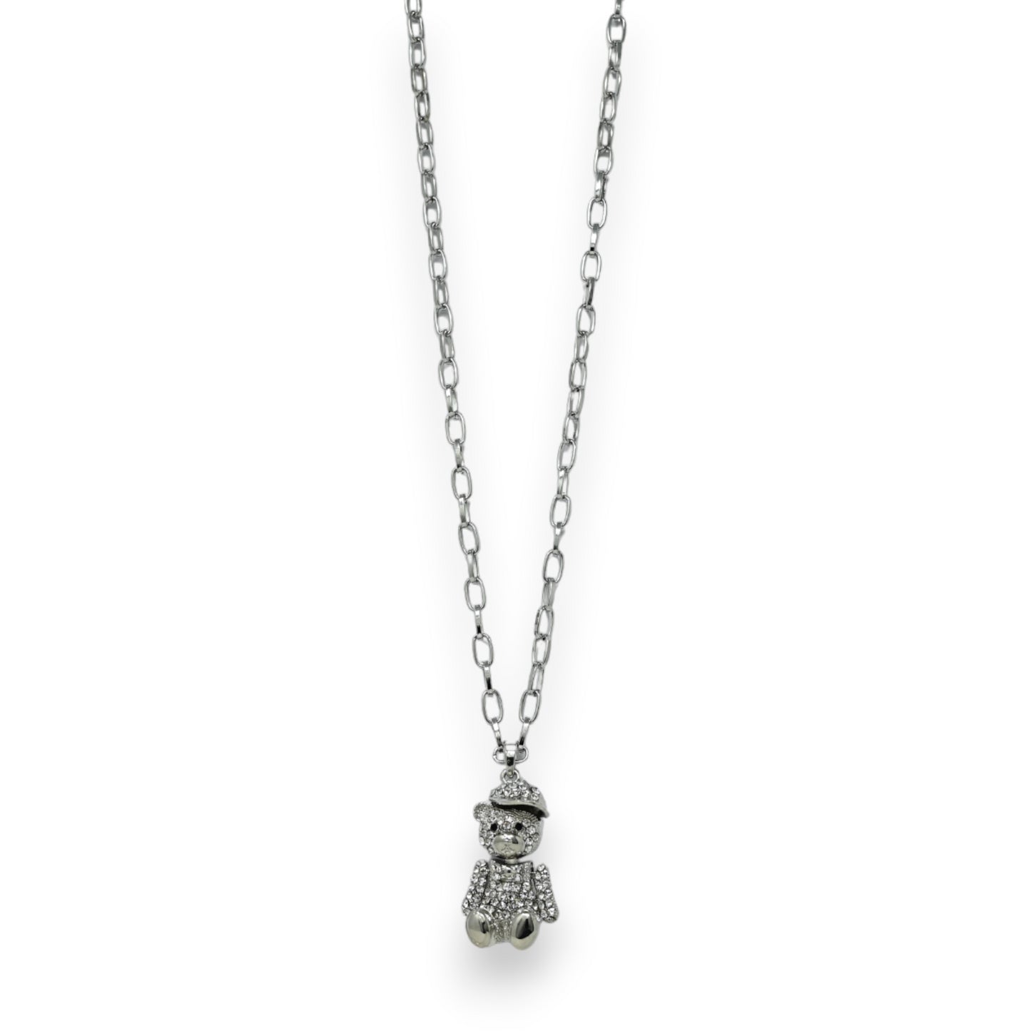 Collier fantaisie long argenté nounours casquette strass