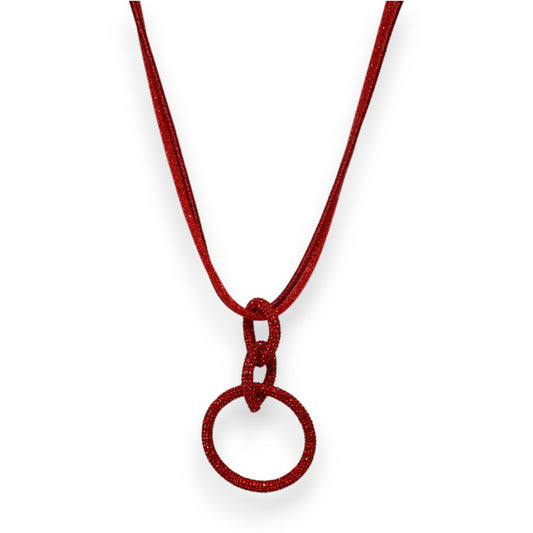 Collier fantaisie long cercle enlacés rouge strass