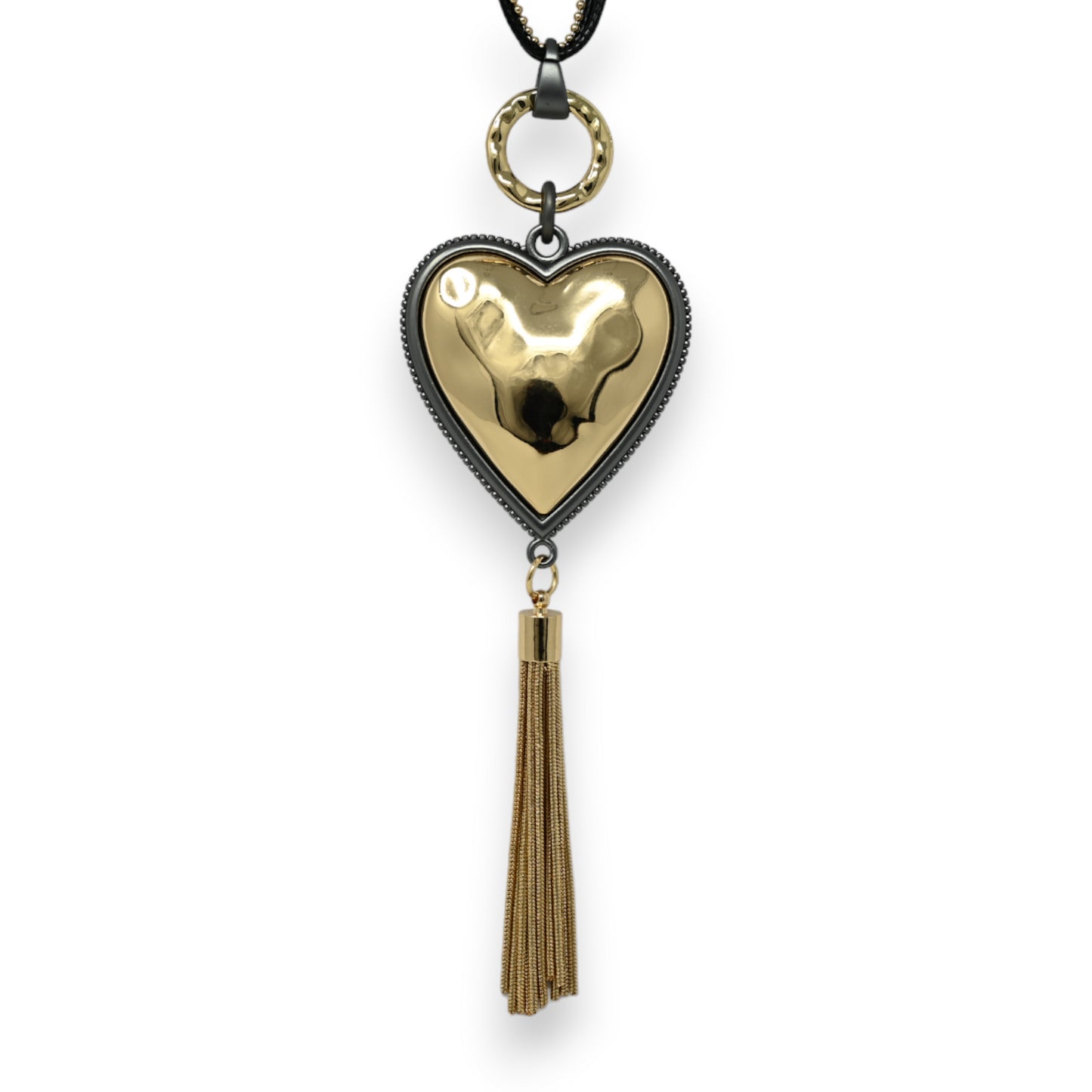 Collier fantaisie long doré coeur relief pompon métallisé