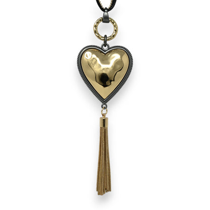 Collier fantaisie long doré coeur relief pompon métallisé