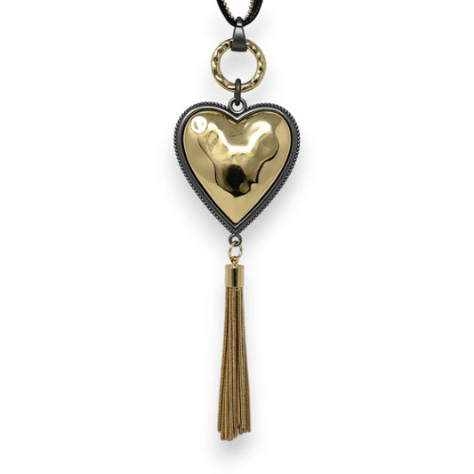Collier fantaisie long doré coeur relief pompon métallisé