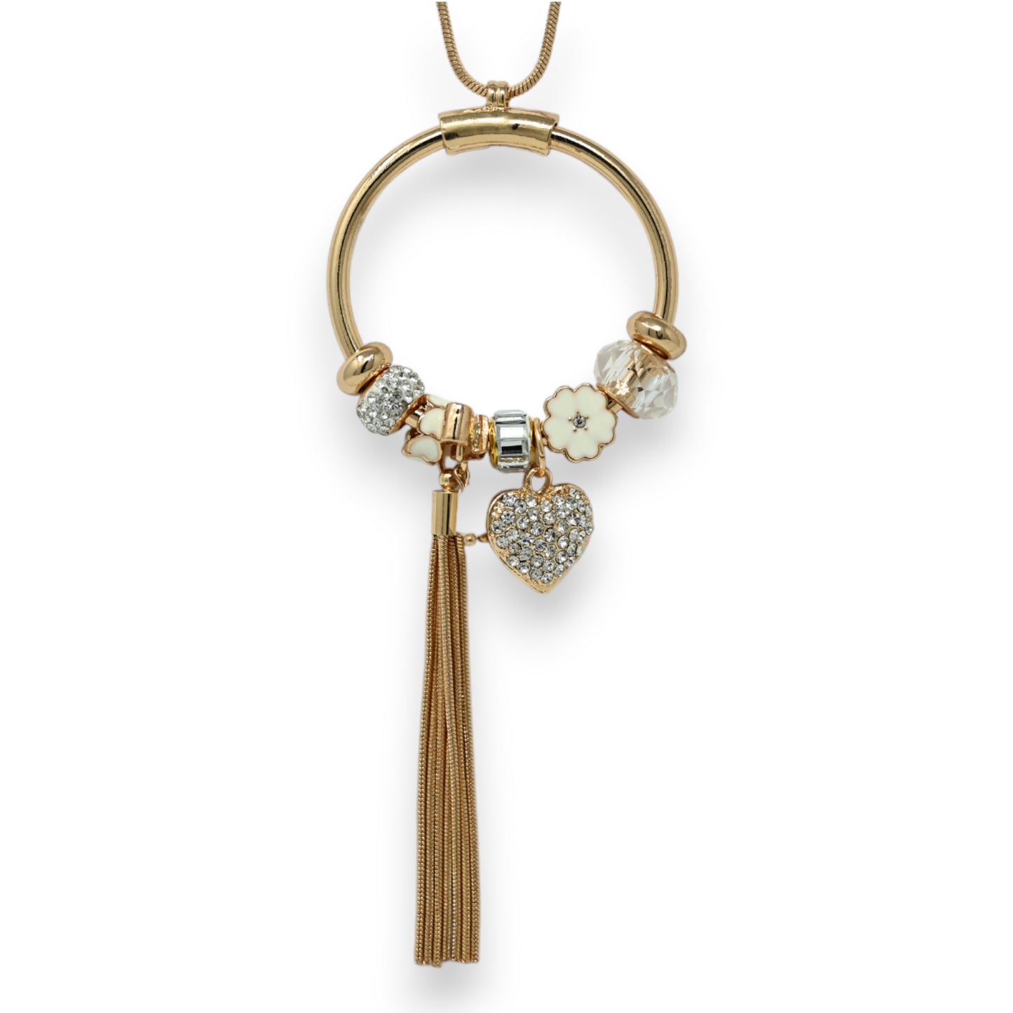 Collier fantaisie long doré charms  blancs