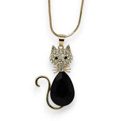 Collier fantaisie long doré chat noir et brillant