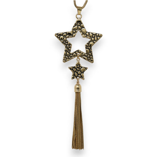 Collier fantaisie  double étoiles dorées noires pompon métallisé
