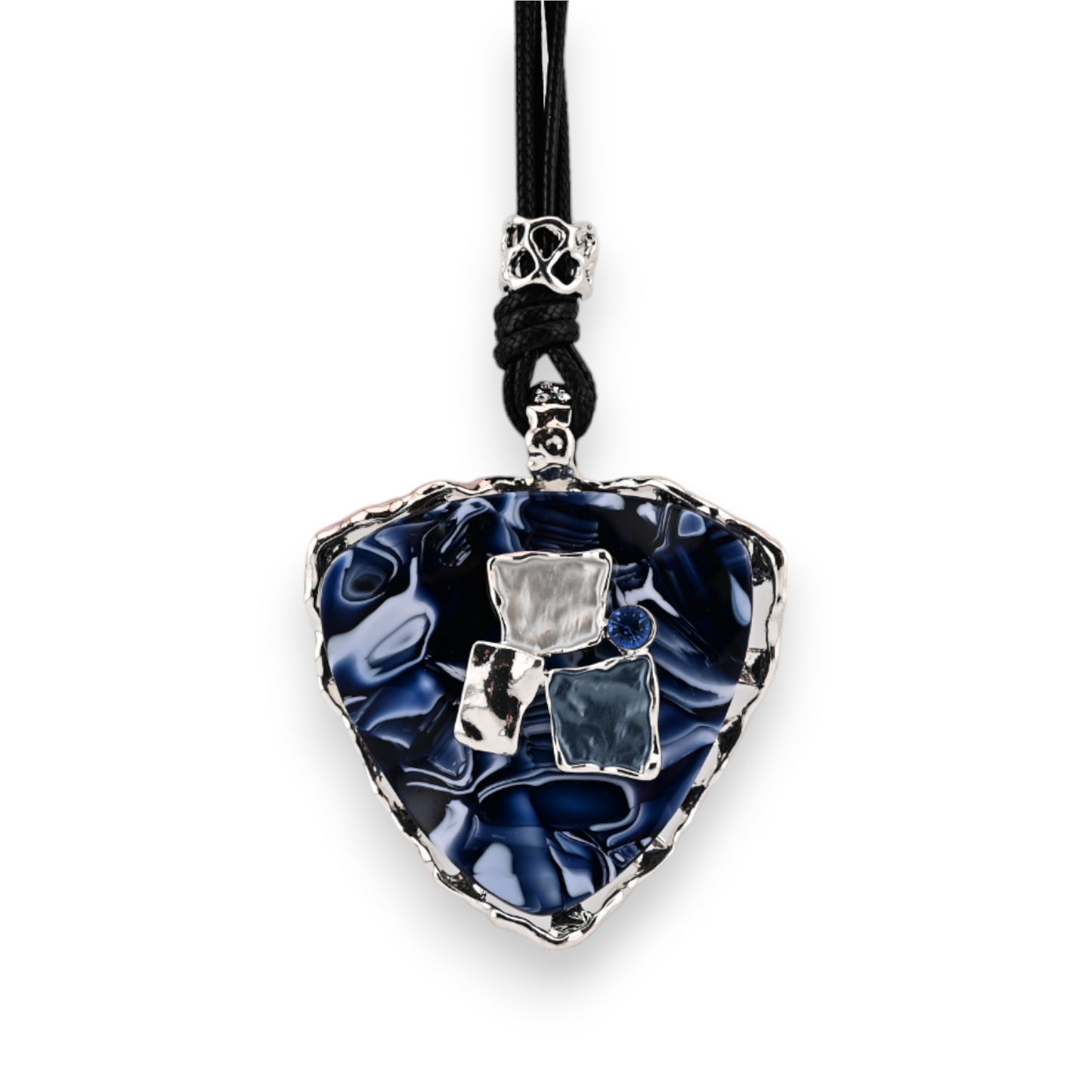 Collier fantaisie long médaillon design géométrie bleu