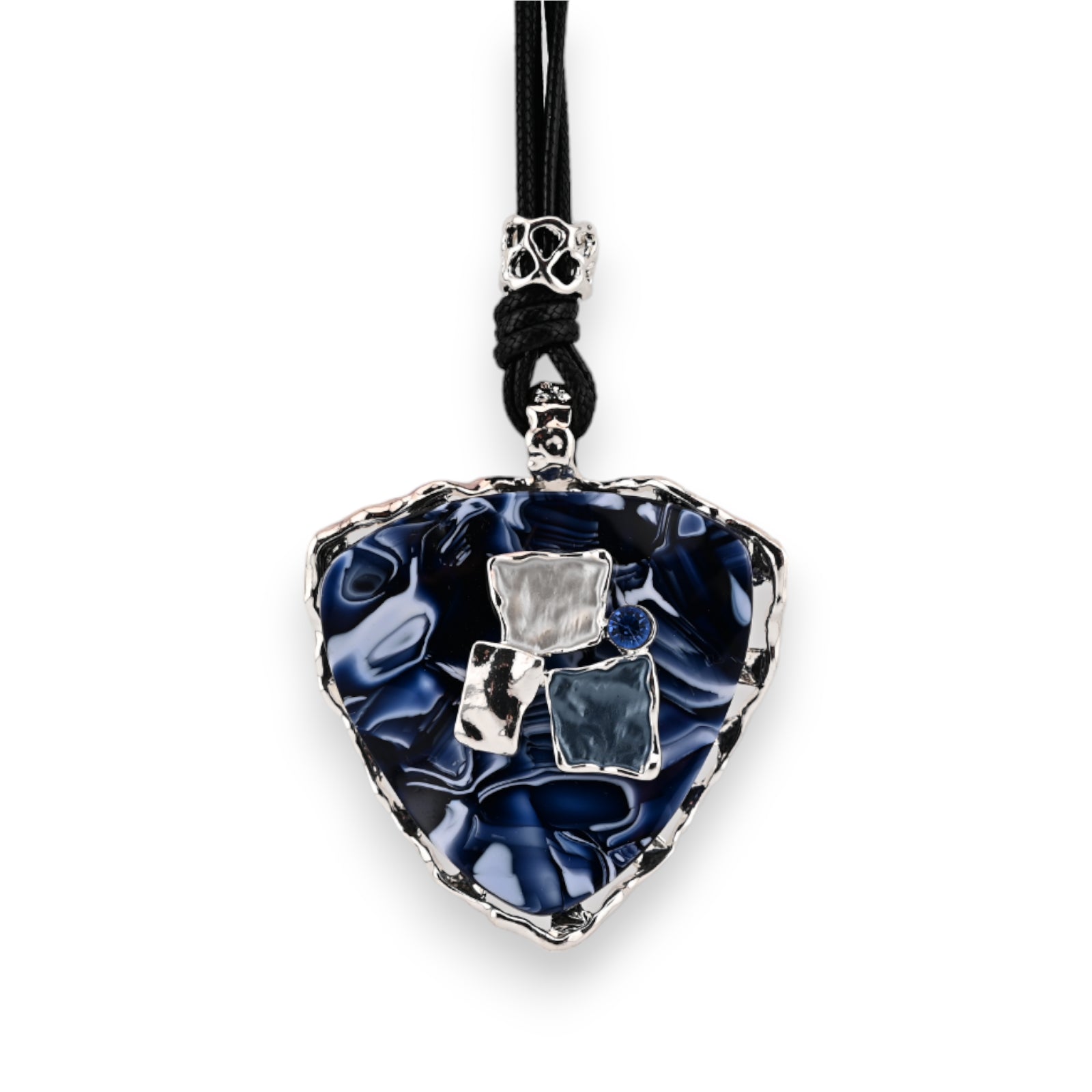 Collier fantaisie long médaillon design géométrie bleu