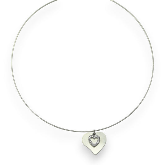 Collier fantaisie ras de cou argenté coeur double