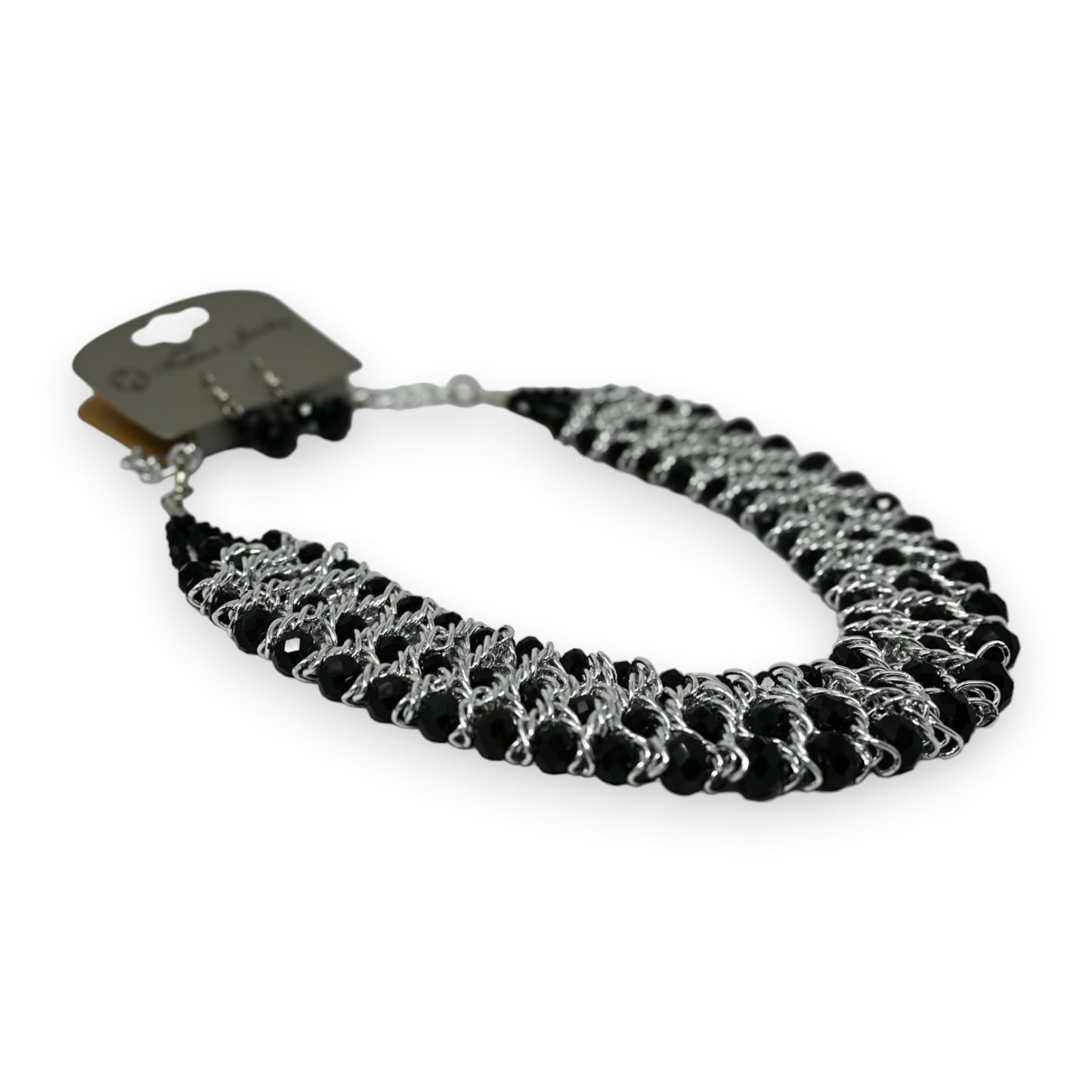 Collier fantaisie ras de cou noir et argenté habillé