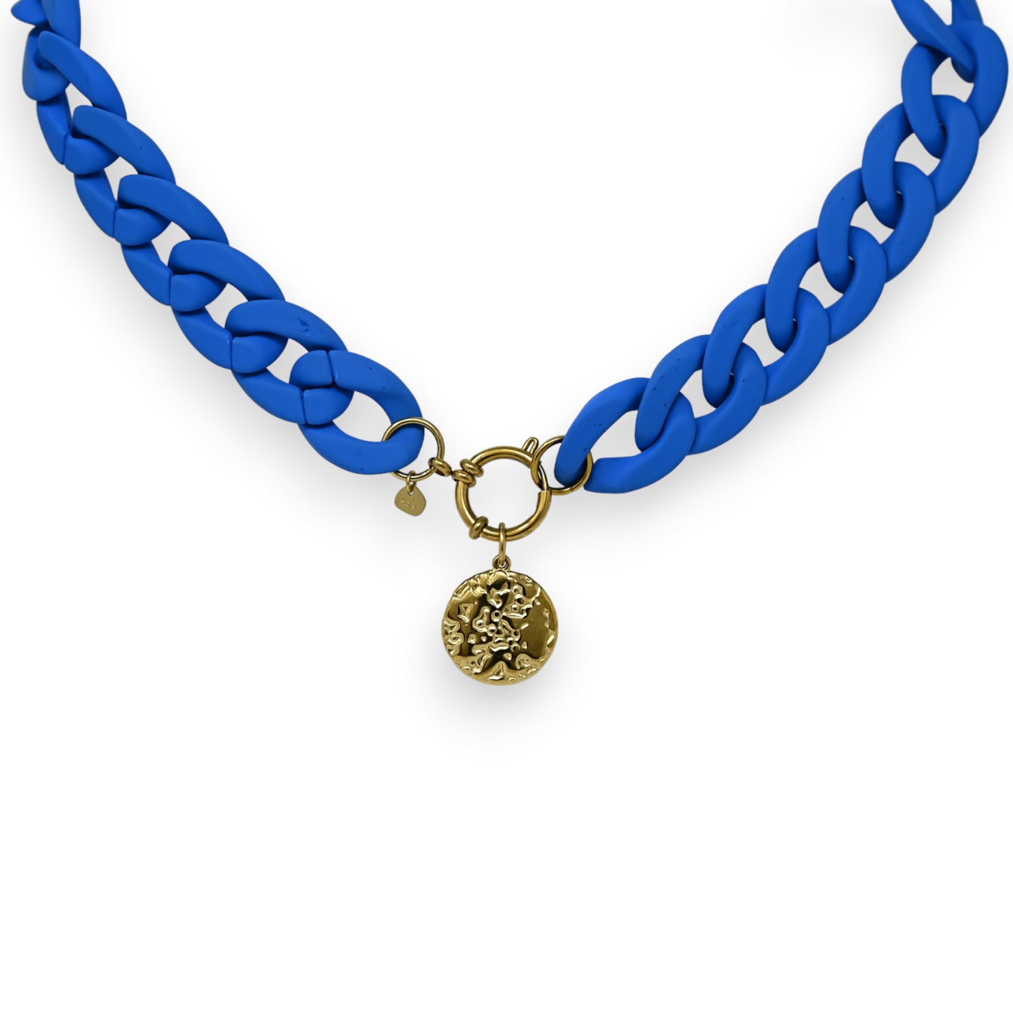 Collier fantaisie chaine résine bleu roi médaillon sculpté doré