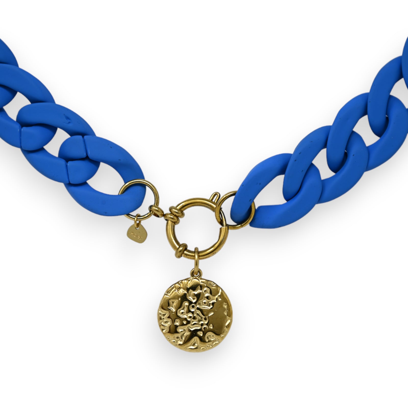 Collier fantaisie chaine résine bleu roi médaillon sculpté doré