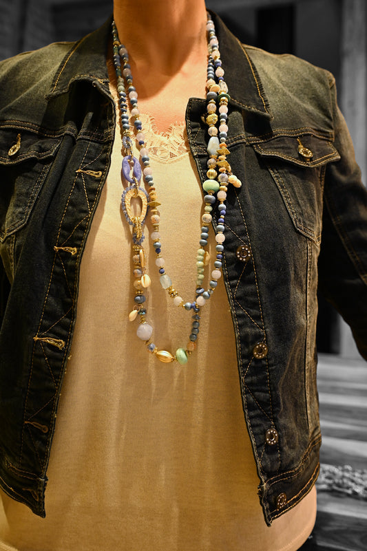 Collier sautoir 2 rangs nuances bleu perles et pierres