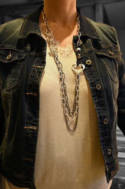 Collier sautoir chaine 2 couleurs coeur