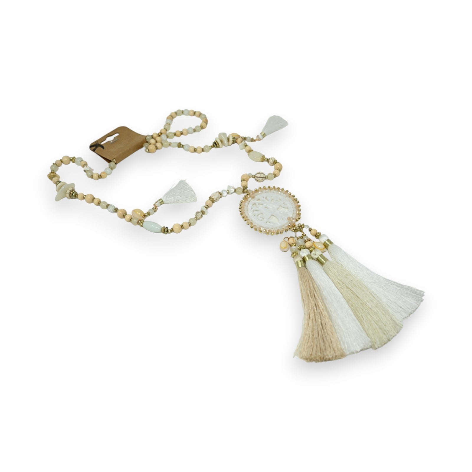 Collier sautoir fantaisie beige et blanc médaillon arbre de vie