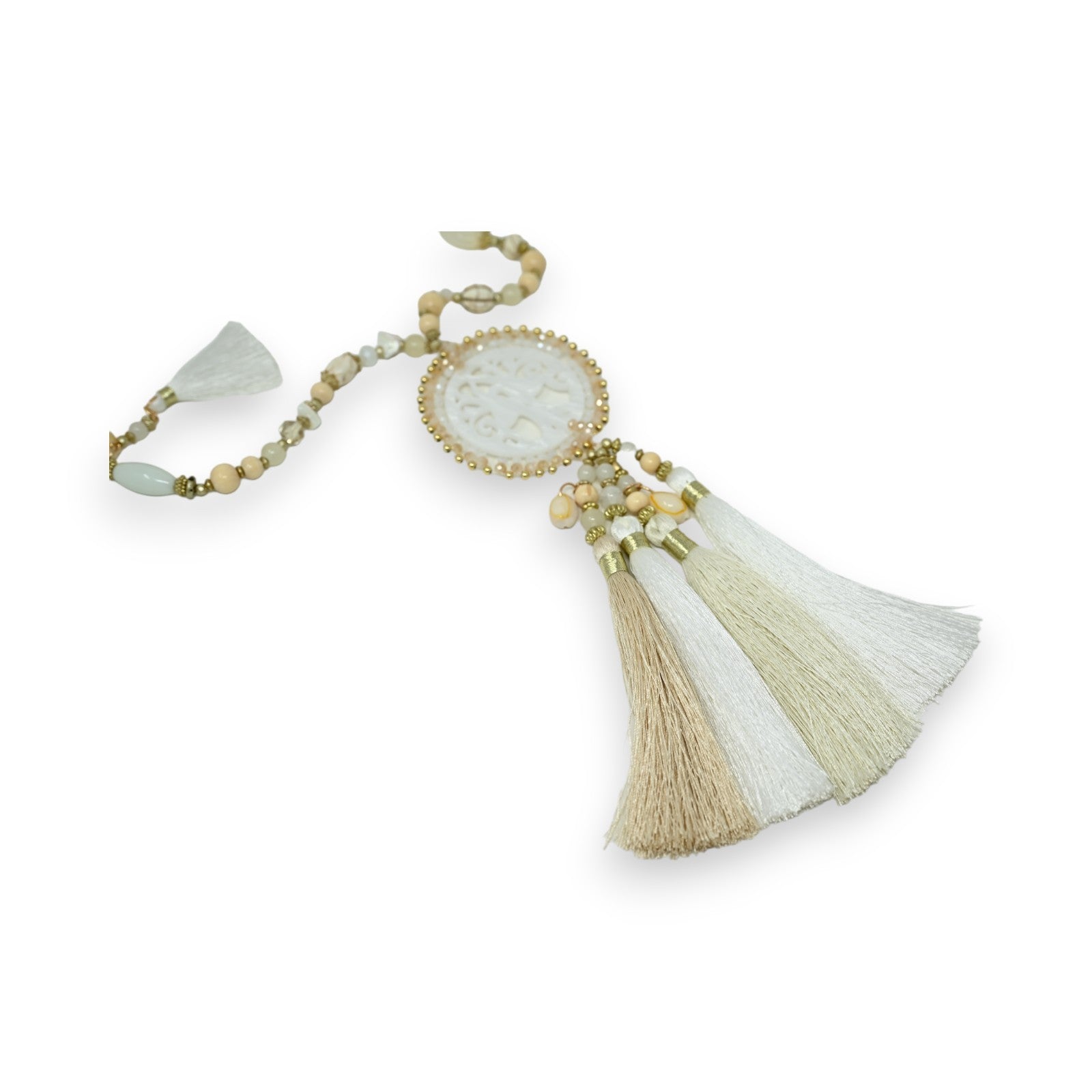 Collier sautoir fantaisie beige et blanc médaillon arbre de vie