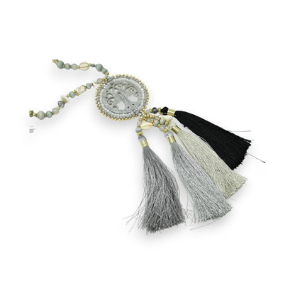 Collier sautoir fantaisie gris médaillon arbre de vie pompon