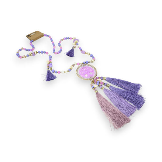 Collier sautoir fantaisie lilas médaillon arbre de vie