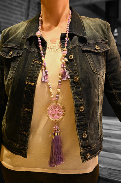 Collier sautoir fantaisie lilas médaillon arbre de vie