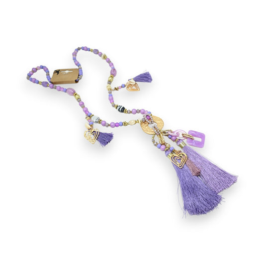 Collier sautoir fantaisie lilas médaillon doré et breloques