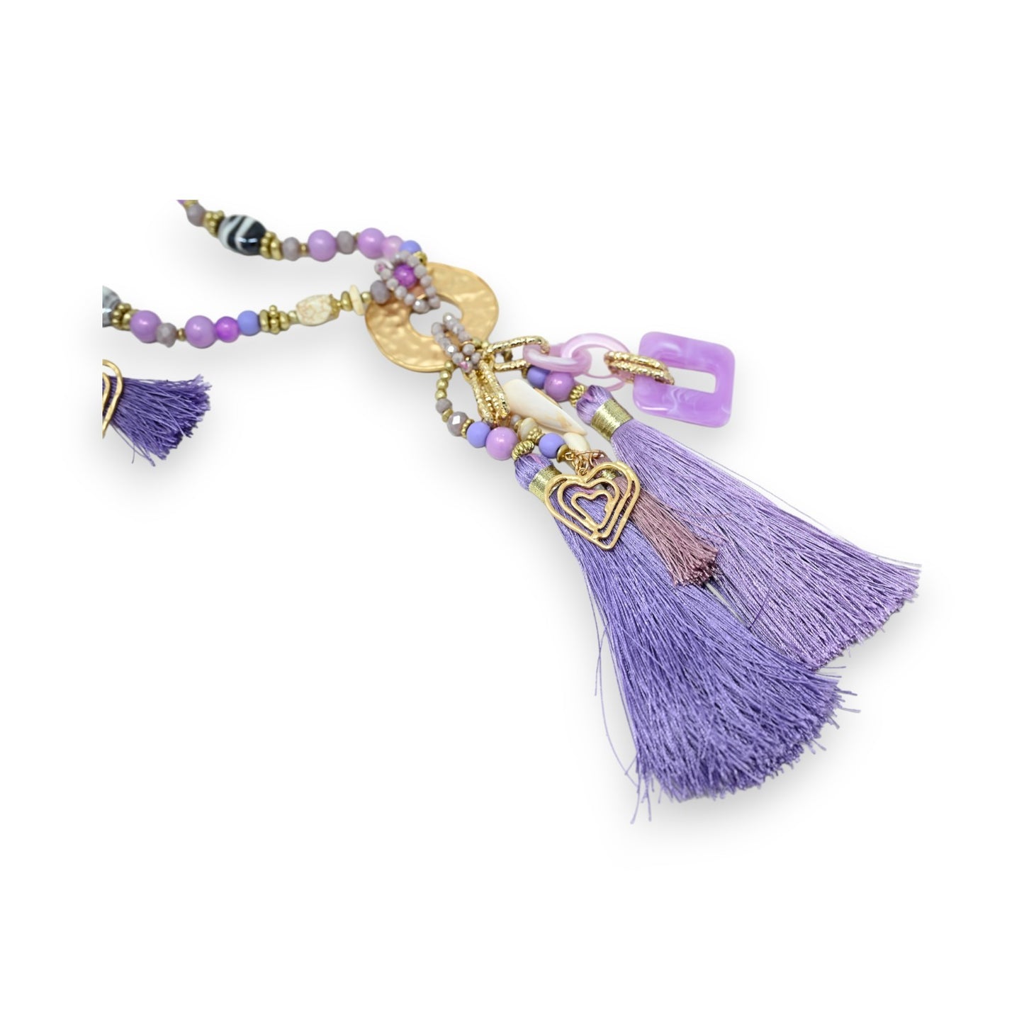 Collier sautoir fantaisie lilas médaillon doré et breloques