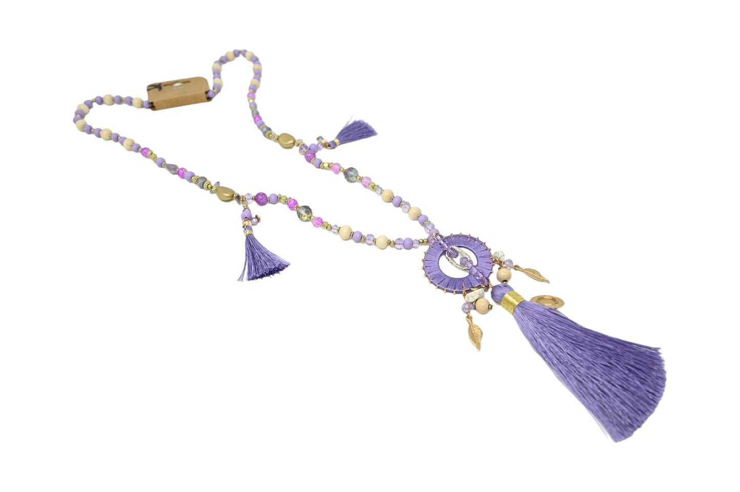 Collier sautoir fantaisie lilas médaillon rond pompon