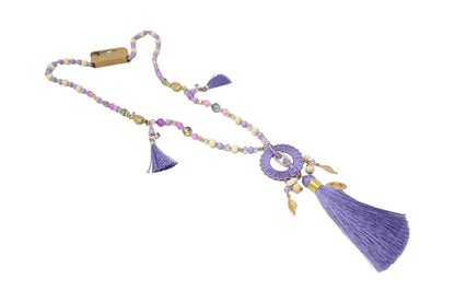 Collier sautoir fantaisie lilas médaillon rond pompon