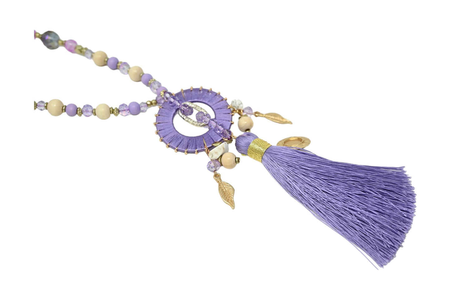 Collier sautoir fantaisie lilas médaillon rond pompon