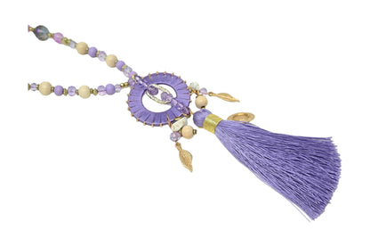 Collier sautoir fantaisie lilas médaillon rond pompon