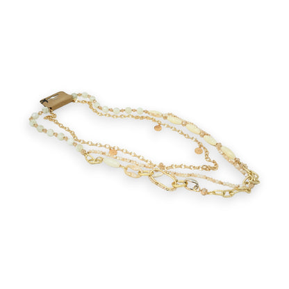 Collier sautoir fantaisie multi rangs doré et beige