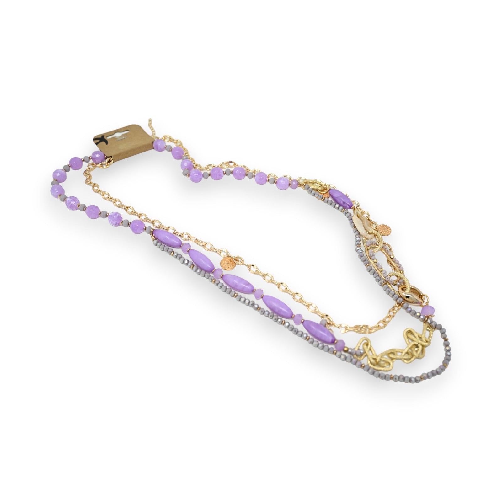 Collier sautoir fantaisie multi rangs doré et lilas