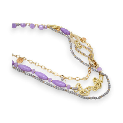 Collier sautoir fantaisie multi rangs doré et lilas