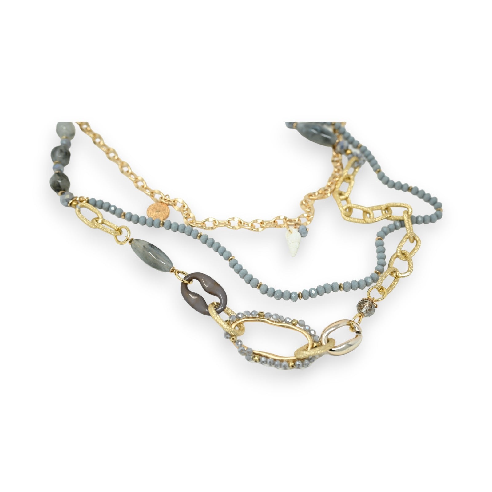 Collier sautoir fantaisie multi rangs doré et gris