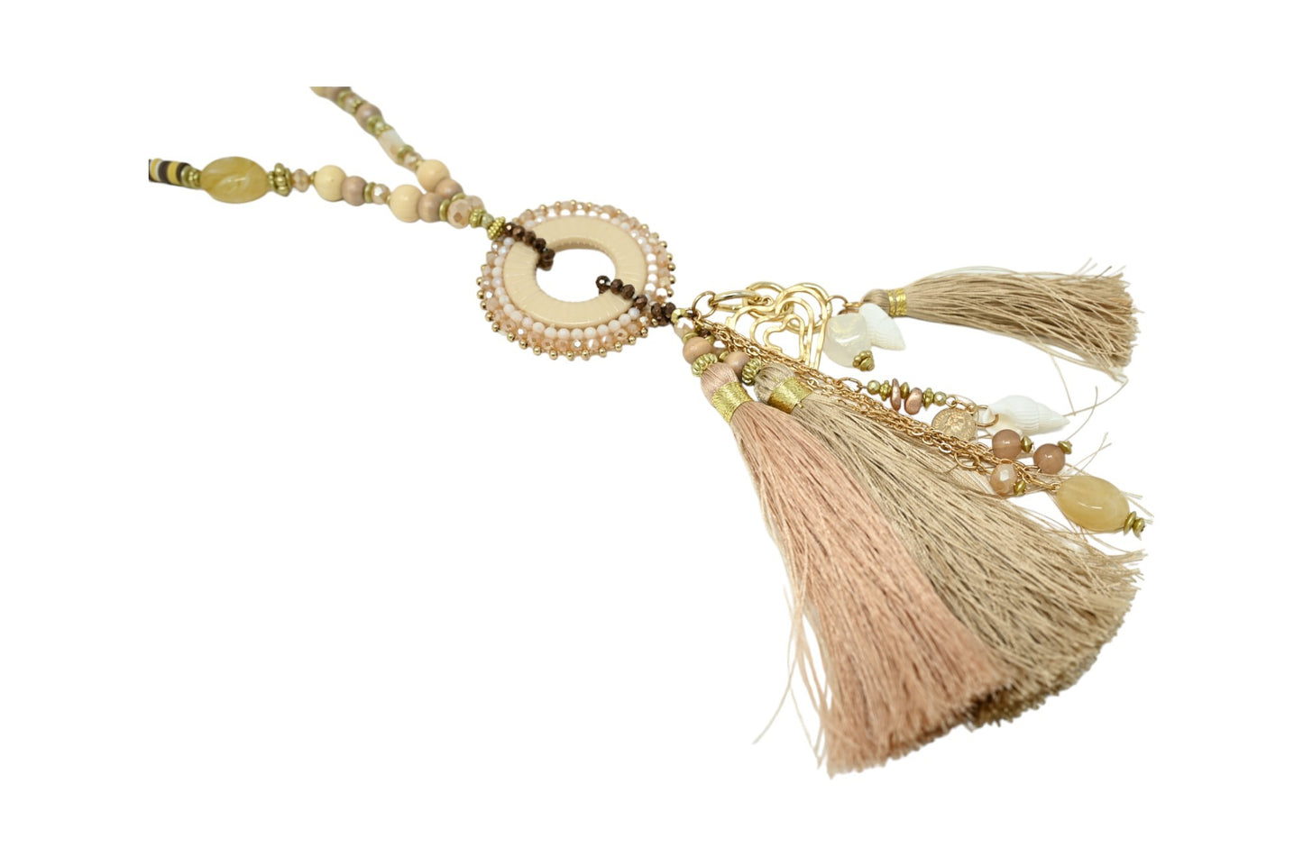 Collier sautoir fantaisie nuances beige médaillon rond pompons et breloques