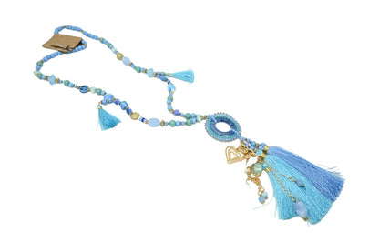 Collier sautoir fantaisie nuances bleu médaillon rond pompon et breloques
