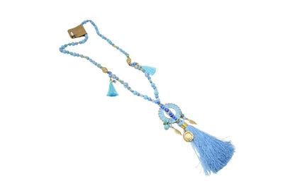 Collier sautoir fantaisie nuances bleu médaillon rond pompon