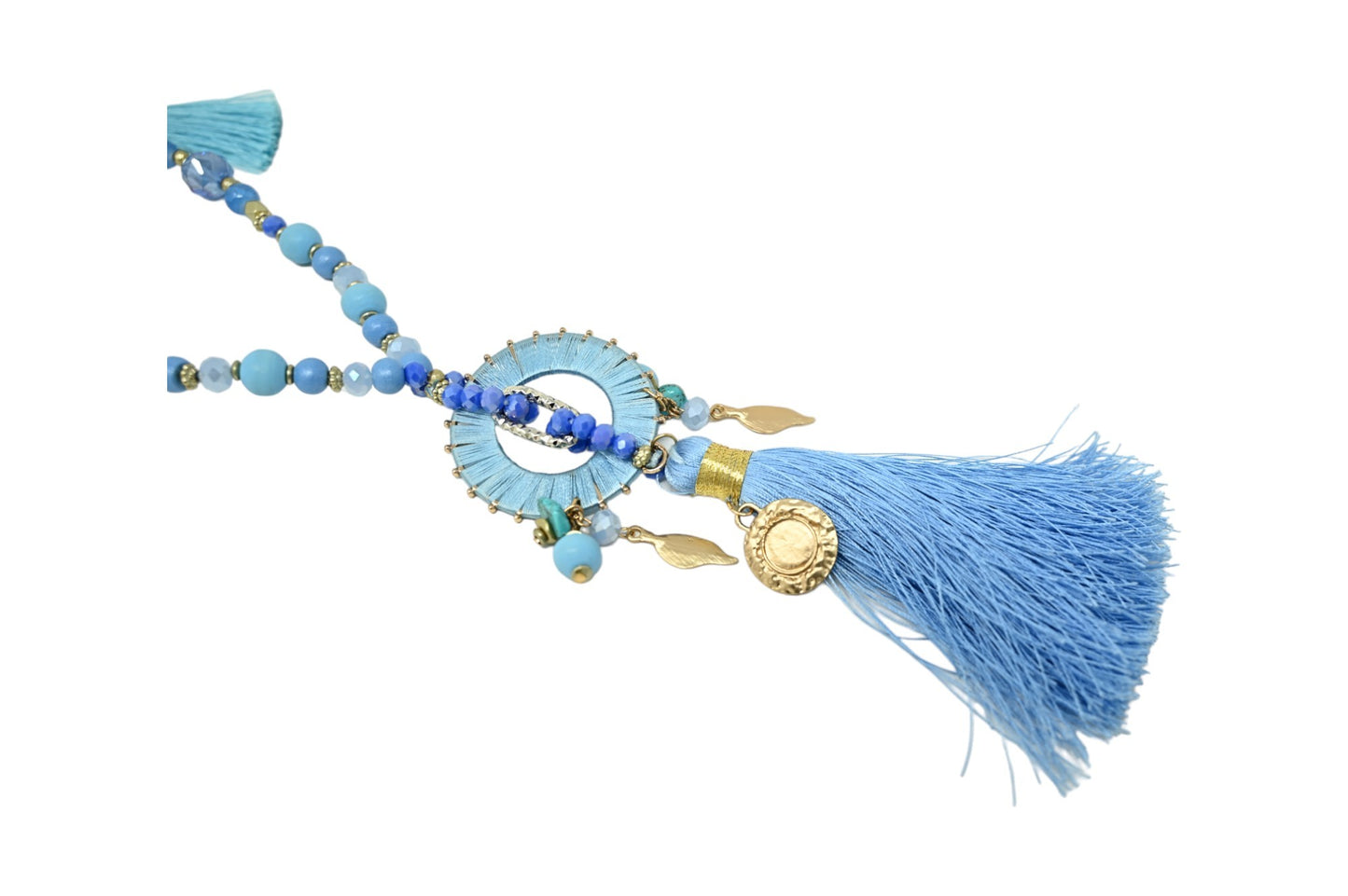 Collier sautoir fantaisie nuances bleu médaillon rond pompon