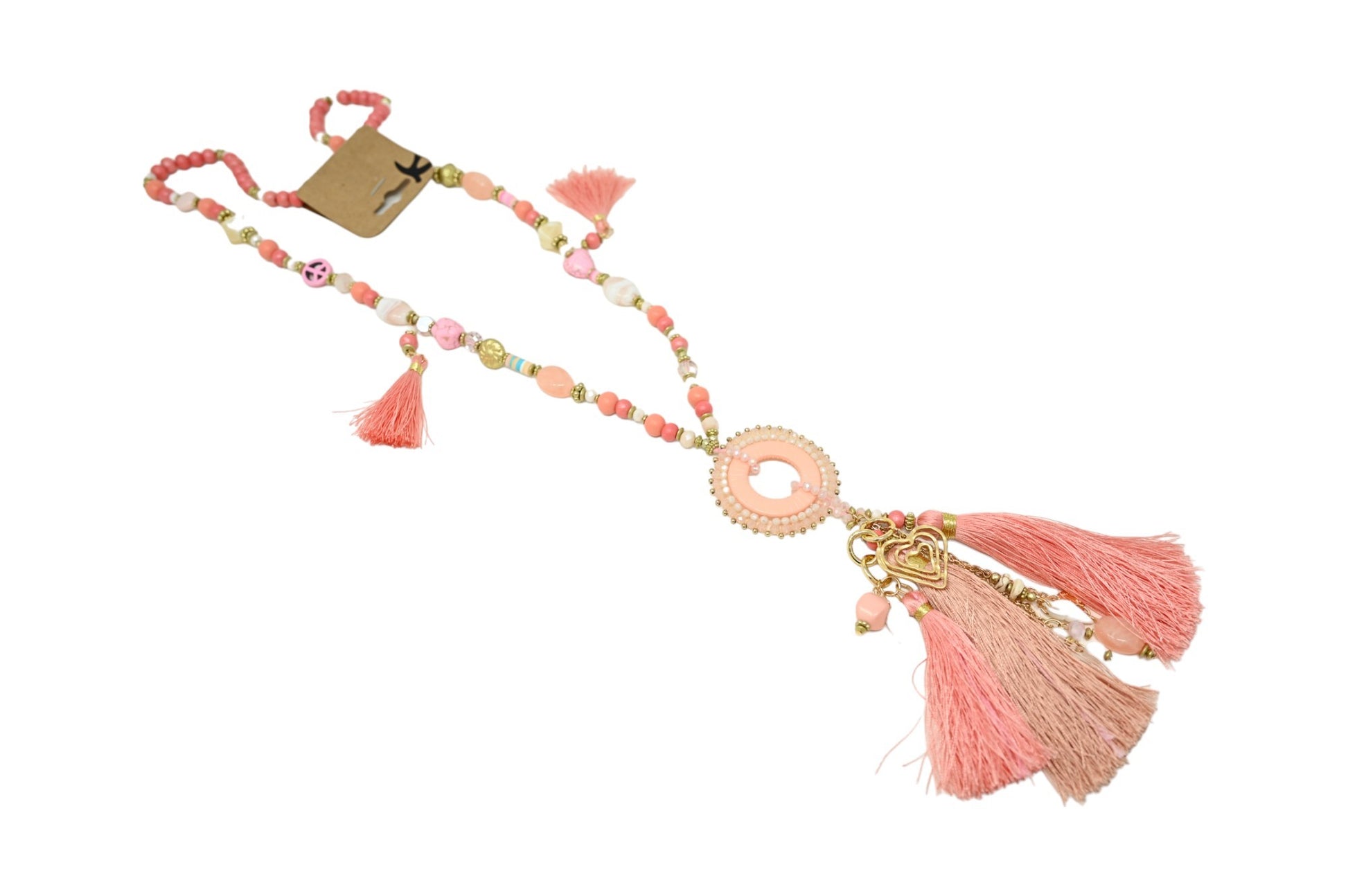 Collier sautoir fantaisie nuances rose médaillon rond pompons et breloques