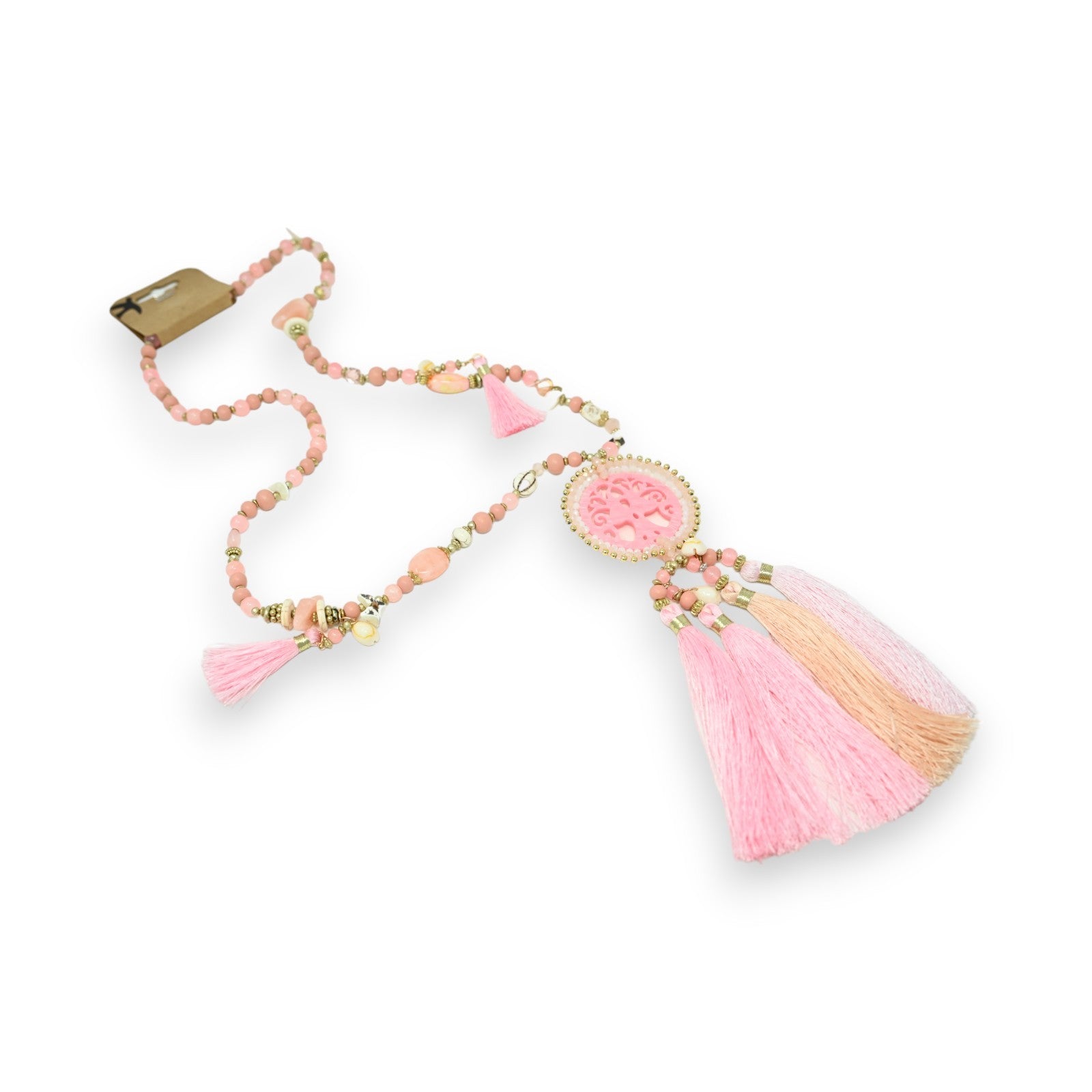 Collier sautoir fantaisie rose médaillon arbre de vie