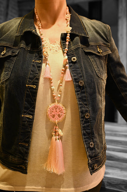 Collier sautoir fantaisie rose médaillon arbre de vie