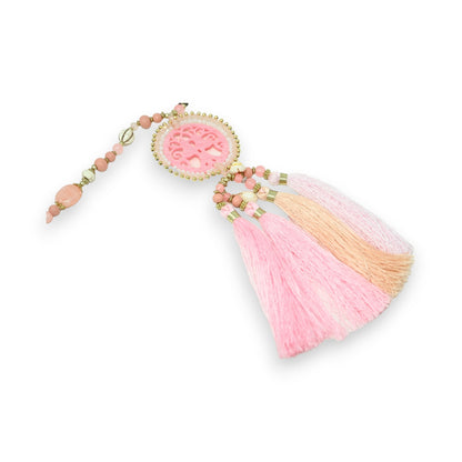Collier sautoir fantaisie rose médaillon arbre de vie