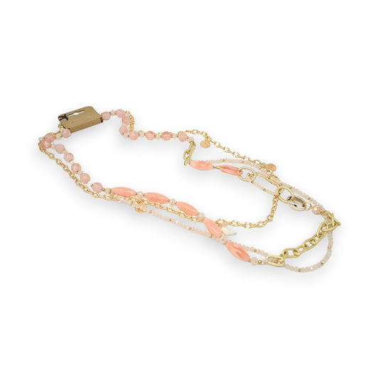 Collier sautoir fantaisie multi rangs doré et rose tendre