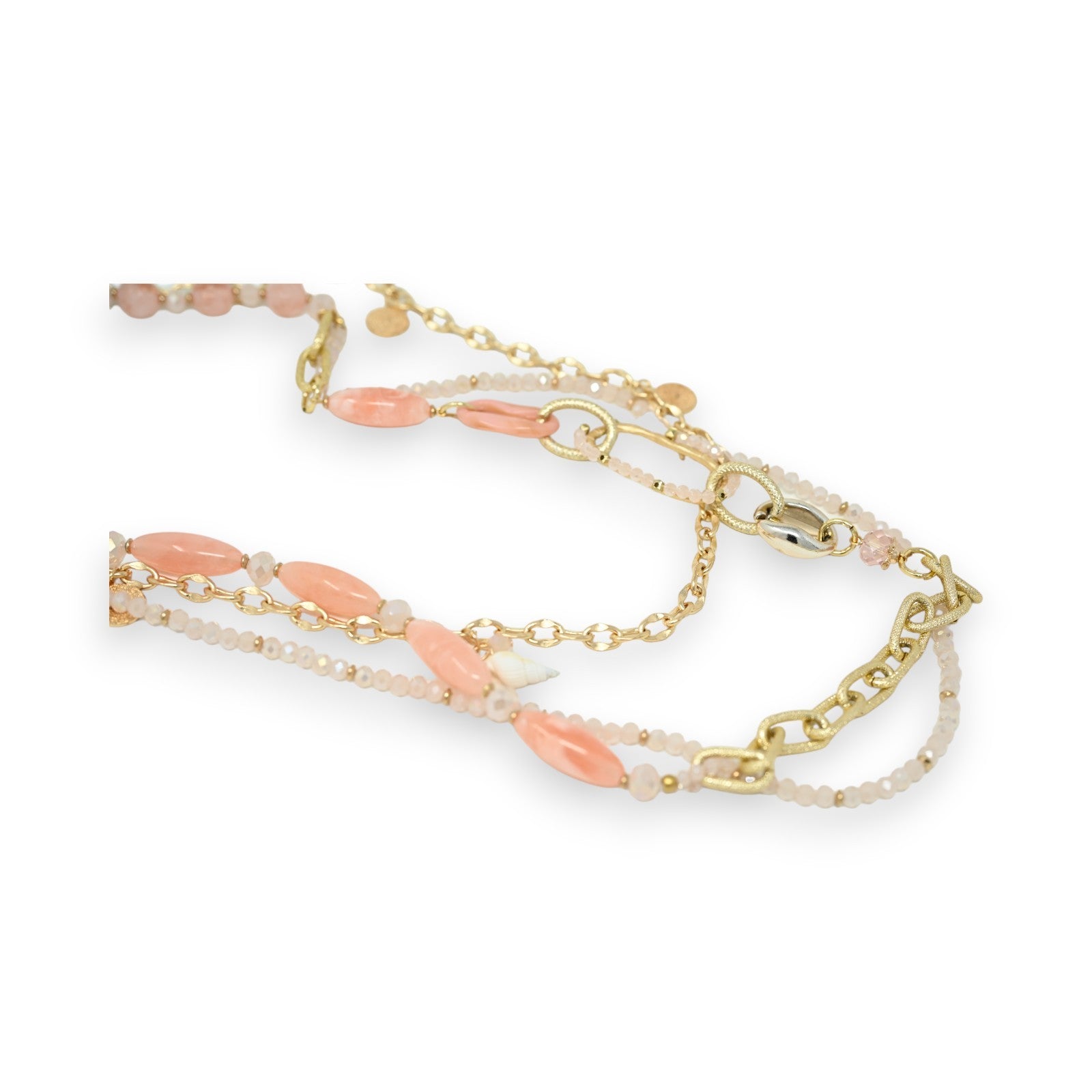 Collier sautoir fantaisie multi rangs doré et rose tendre