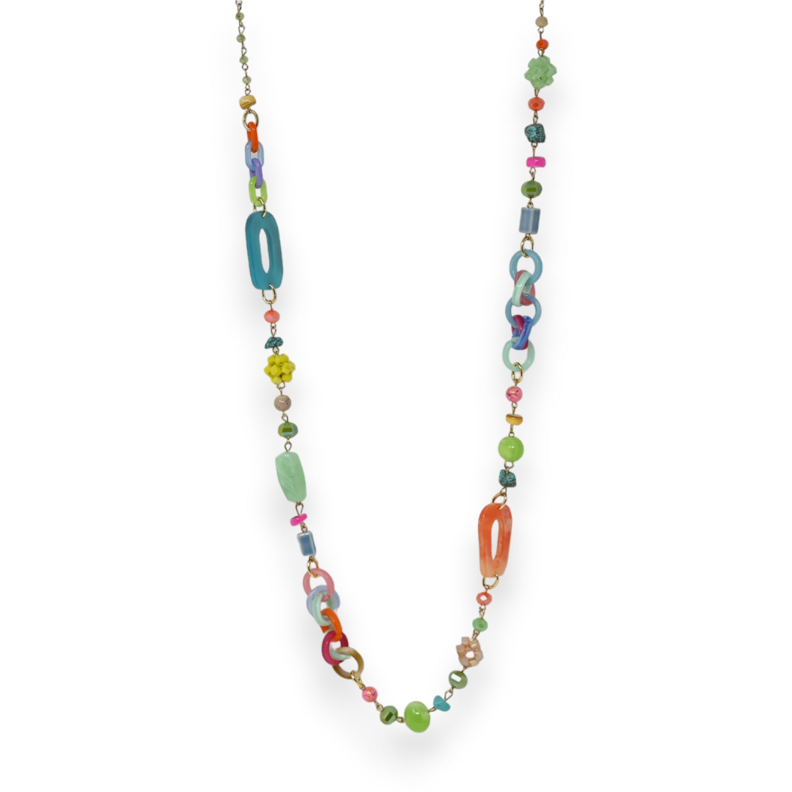 Collier sautoir fin multicolore perles et formes variées